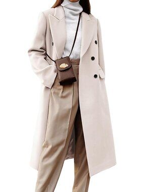 🆕Women's Beige Long Wool Coats Fall Winter Double Breasted Trench Coat Peacoat